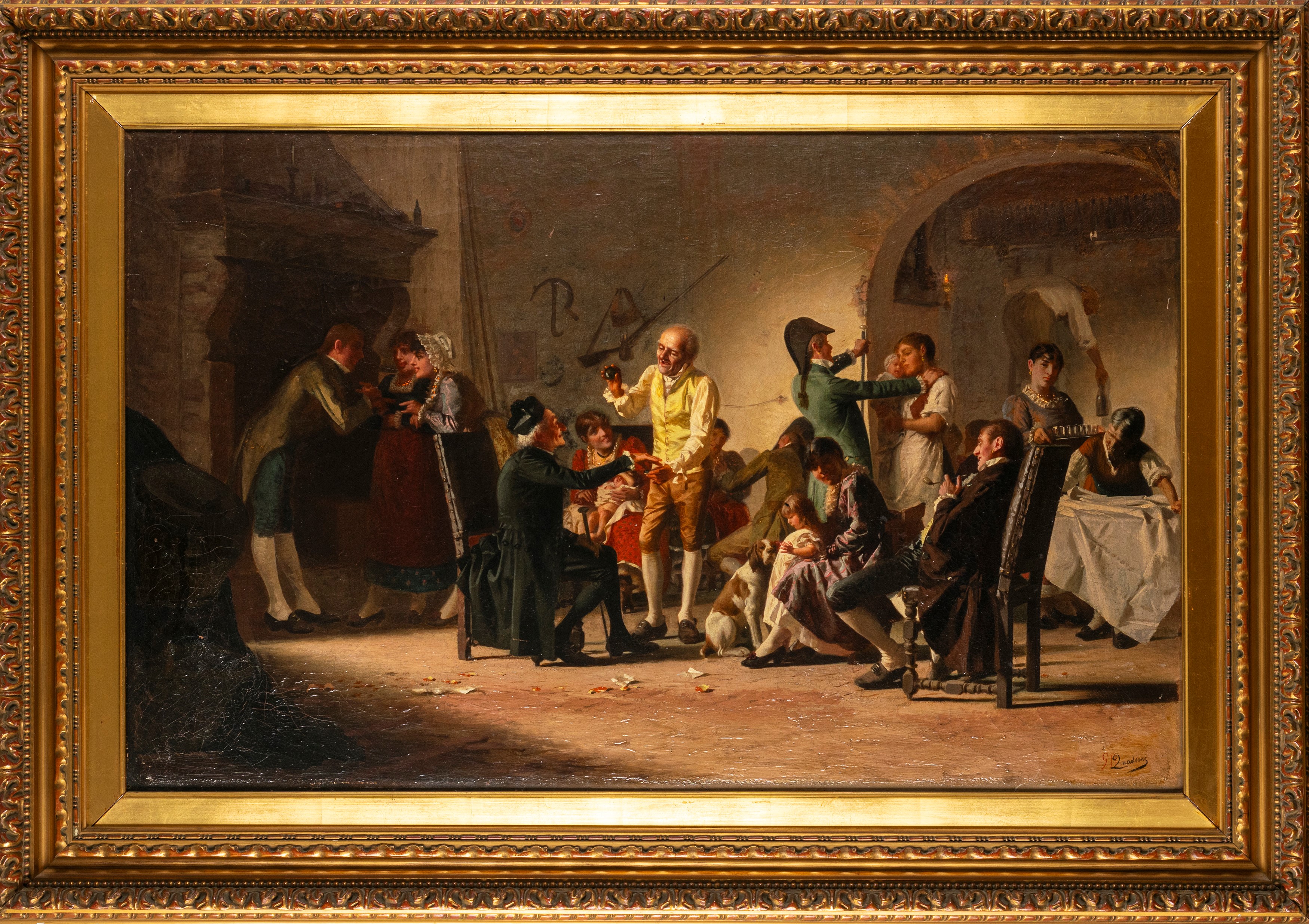 イタリアアンティークGiovanni Battista Quadrone 額装 Giovanni Battista Quadrone - Interior scene with figures