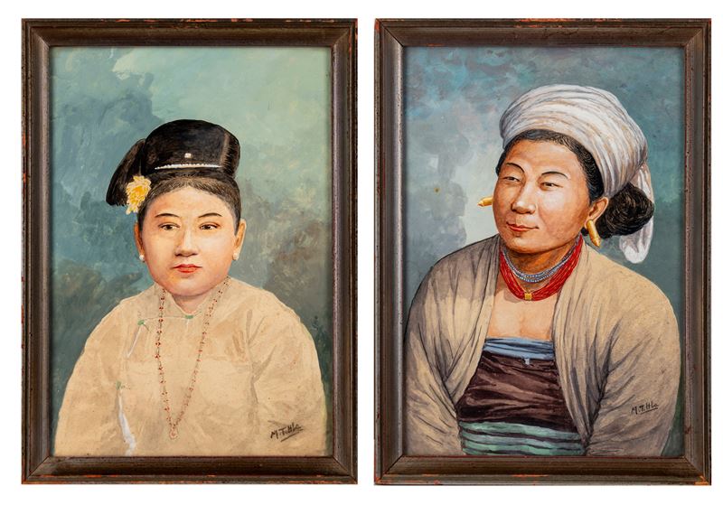 Mg Tun Hla (1874-1946) - Coppia di ritratti di donne burmesi