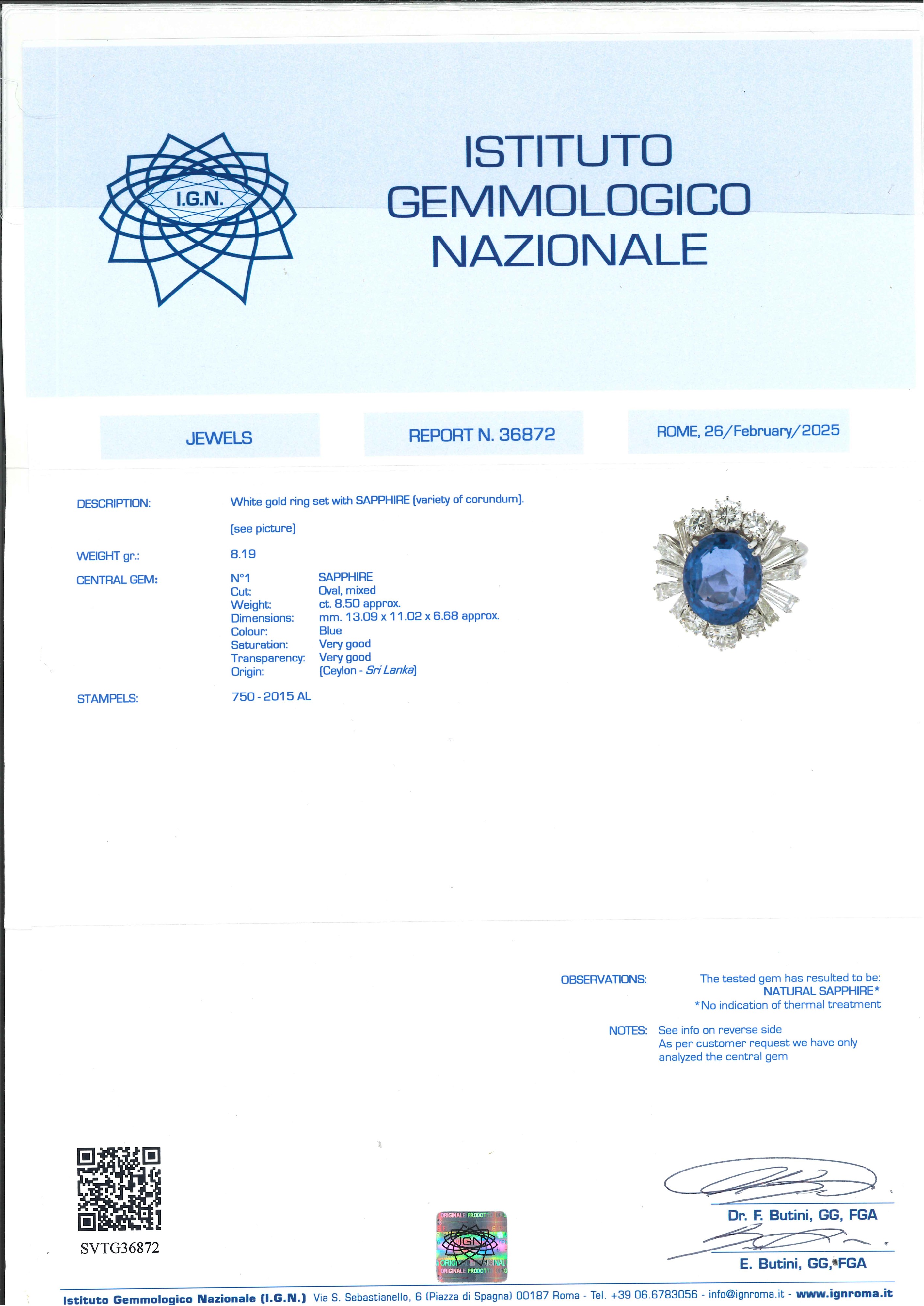 Anello con Zaffiro Ceylon