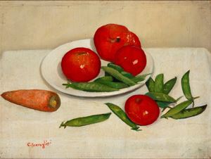 Still life with tomatoes and peas