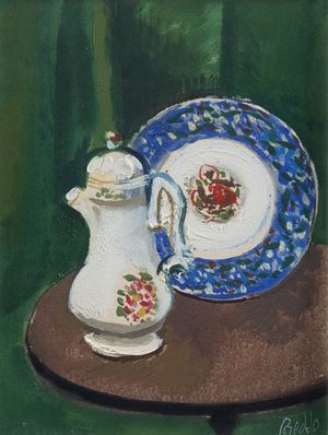 Still life with plate and coffee pot