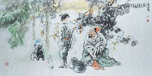 Watercolor painting on paper depicting a tea ceremony, China, 20th century