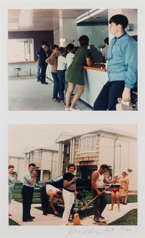 People in a highway restaurant, Jersey City; Two families in front of a housing development, Staten Island, New York