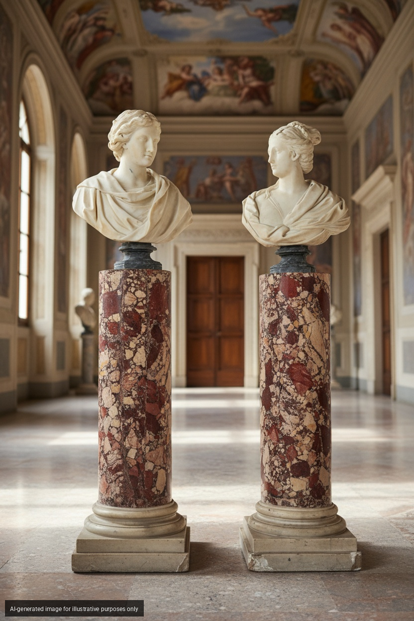 Coppia di busti ammantati in marmo poggianti su colonne in scagliola a finto marmo, XVIII secolo