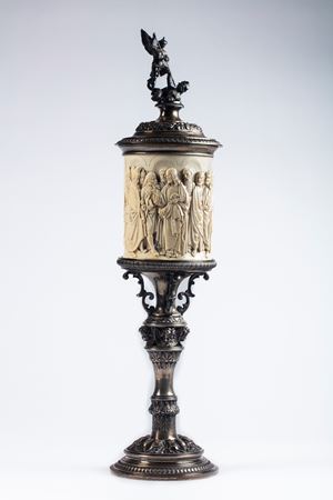 A large ivory cup, with silver mounts. Berlin, 19th century