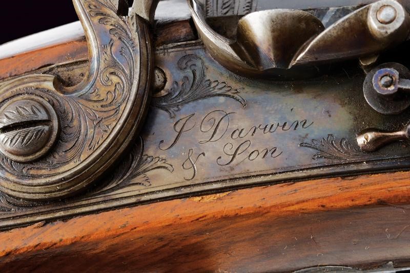 Paio di pistole a pietra focaia di Darwin in cassetta