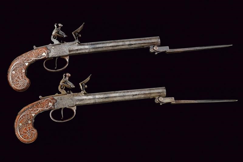 Raro paio di pistole a semi-retrocarica di Wheeler, con baionetta a scatto