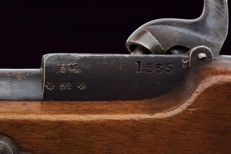 Rara carabina a luminello Whitworth con sistema a retrocarica Westley Richards "Monkey Tail"