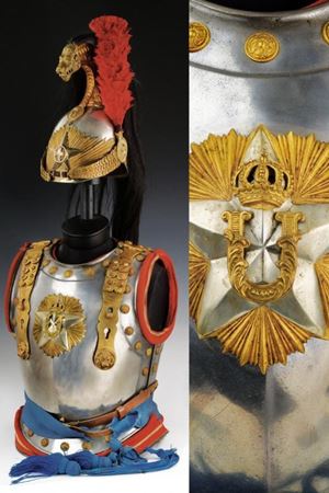 A cuirassiers' breast-plate and helmet, King Umberto I epoch