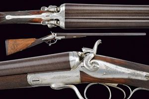 A double-barreled center fire shotgun with external cocks by Holland & Holland