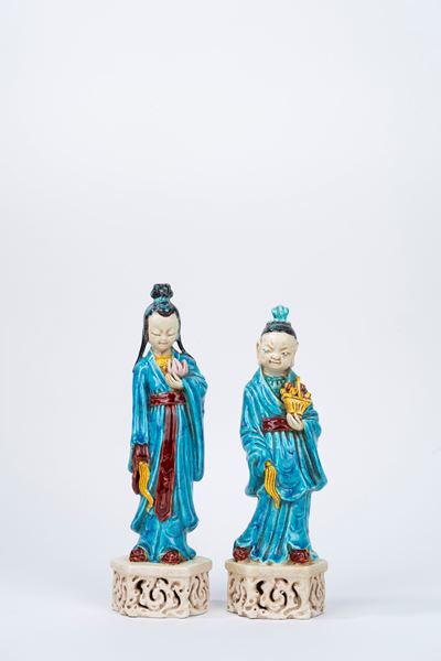 Due Figure in Ceramica Policroma, Cina Secolo XX