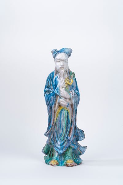 Figura di Saggio in Ceramica Policroma, Cina Secolo XX