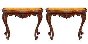 A pair of Venetian console tables, with yellow marble tops, 18th century