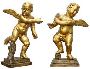 Coppia di angeli in legno intagliato e dorato. Roma, XVII secolo