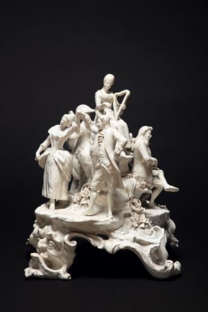 Enamelled earthenware group depicting a concert in a rural landscape, Venetian manufacture, 18th century