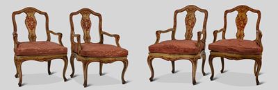 Quattro Poltrone di Forma Mossa in Legno Laccato e Dipinto a Motivi Floreali. Veneto, Secolo XVII...