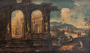 Capriccio architettonico con figure nei pressi di un fiume