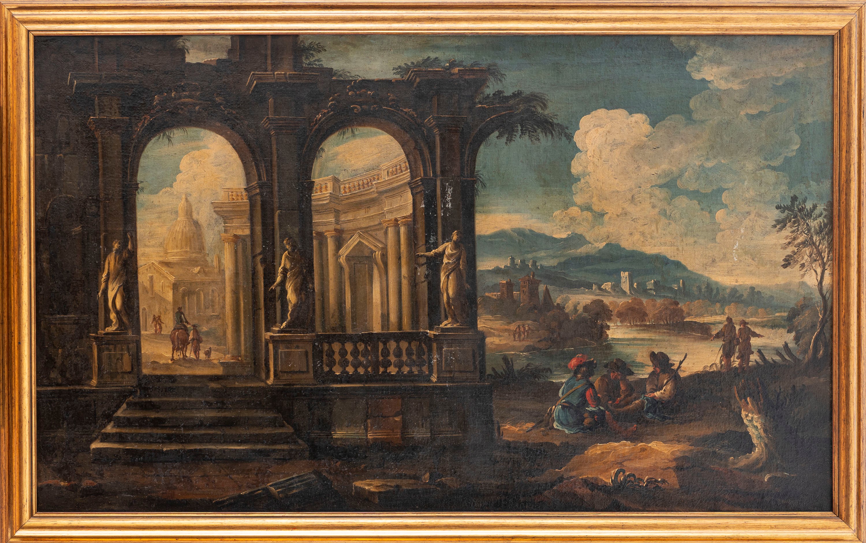 Capriccio architettonico con figure nei pressi di un fiume