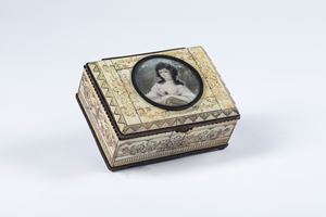 A wood box with ivory plaques and a miniature on the top. France, 19th century