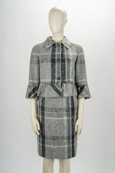 Tailleur in lana melange grigio e bianco con volant - Taglia 42