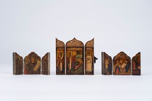 Three triptych travel icons, oil on panel and silver, Russia, late 19th century - early 20th century