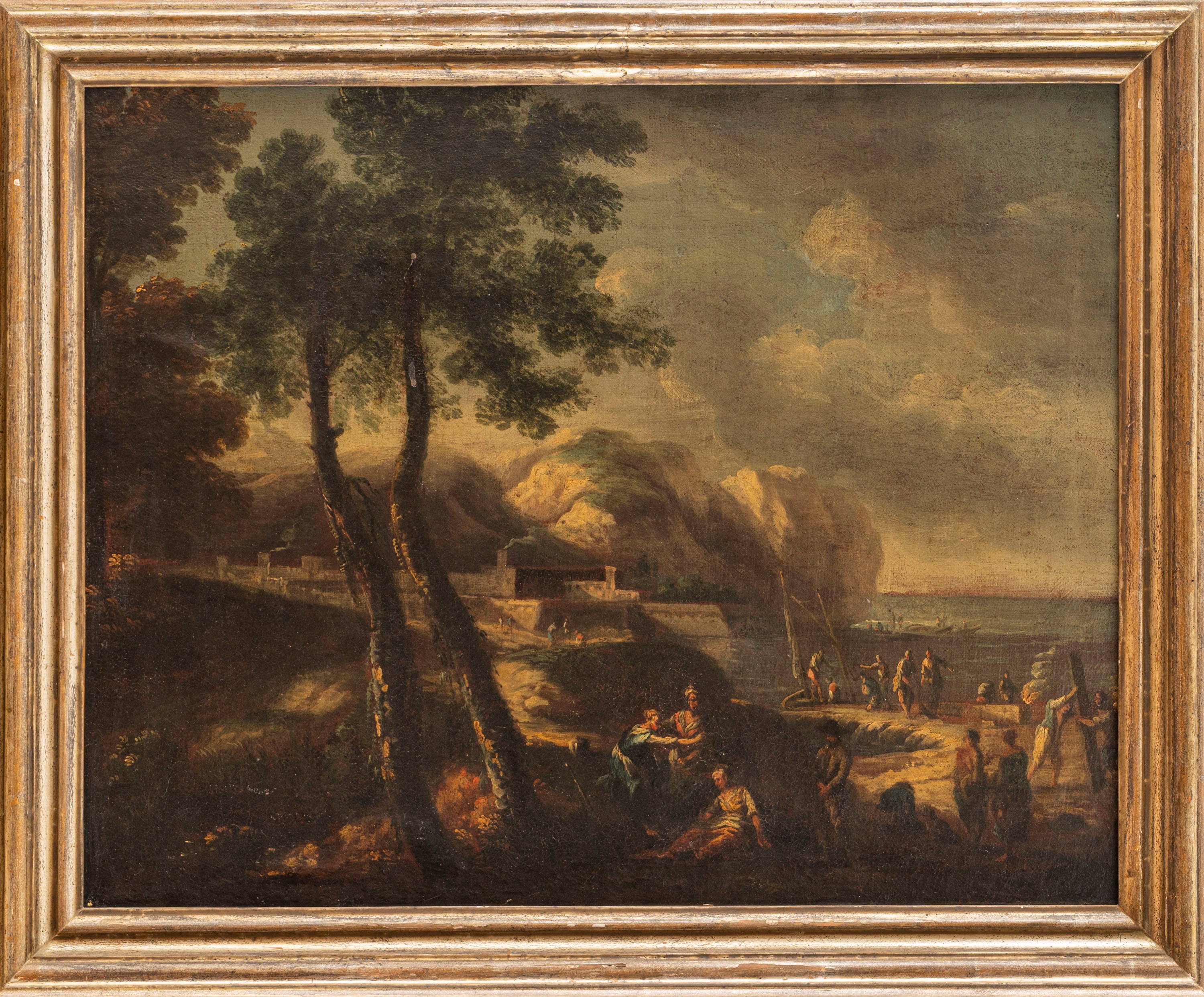 Scuola Napoletana, Secolo XVII - Paesaggio costiero con figure, olio su tela