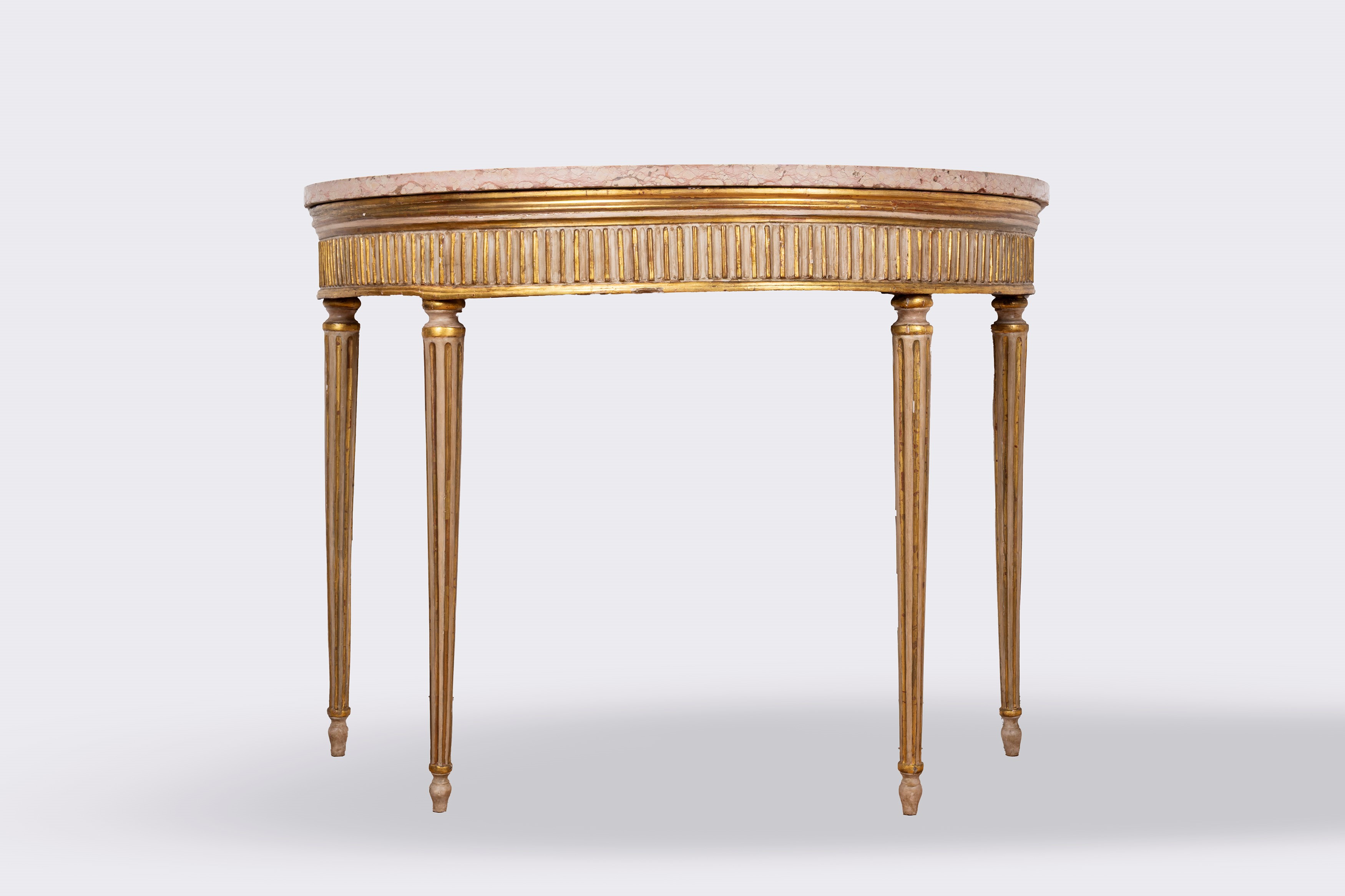 Coppia di Consolle a Demi Lune in Legno Laccato e Dorato, Napoli, Luigi XVI