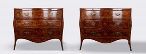 Pair of curved, veneered and inlaid chests of drawers, Naples, 18th century
