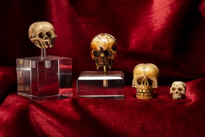 Quattro Memento Mori Raffiguranti Teschi in Avorio Intagliato e Traforato. Nord Europa, Inizio Se...