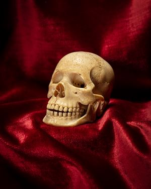 Memento mori a guisa di teschio in avorio intagliato e traforato. Nord Europa, secolo XIX