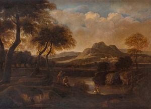 River landscape with fisherman on the shore