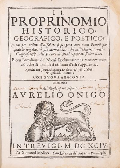 Il Proprinomio Historico, Geografico, e Poetico, 1694