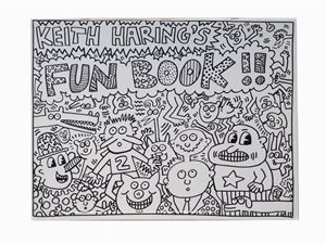 Keith Haring’s Fun Book!!, (Bordeaux), Capc Musee D’art Contemporain, [stampa: “Sur les Presses et avec la participation de Publiprim”], 1985 (14 dicembre), 33 x 43,5 cm., brossura, pp. [24].