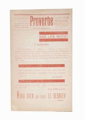 Proverbe - n. 3. Bas le mots!Parigi, Paul Eluard, 1 aprile 1920, 22,5 cm., plaquette, pp. [4], testo stampato in rosso su fondo beige.