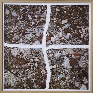 Torn photograph from the 2nd stop (Rubble). A primarily brown, red, and gray snapshot of dirt and rocks - "general rubble" New York, NY., Multiples Inc., in association with Colorcraft Inc. ,, 1970, 60x60 cm. (Reconstructed)