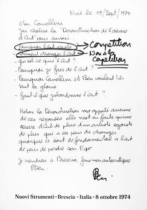 Cher Cavellini j'ai réalise the "Deconstruction de l'oeuvre d’Art" ... Brescia, New Tools, 1974 (October), 69x47.5 cm.