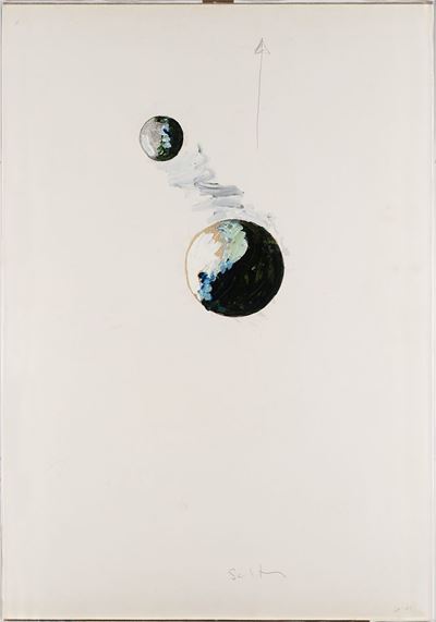 Senza titolo (pianeti), collage e tecnica mista su cartoncino applicato su tela