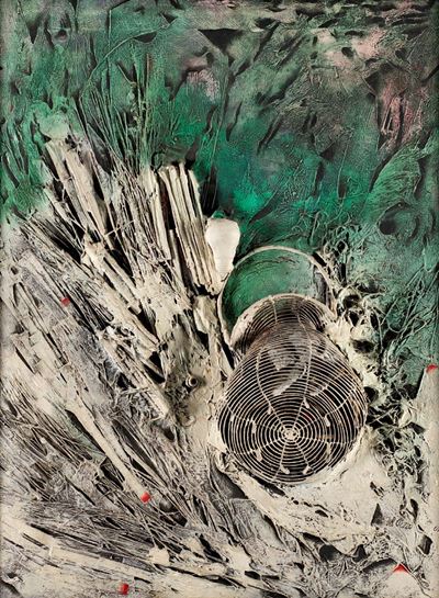 Paesaggio - collage, legno, oggetti vari e tempera su tela