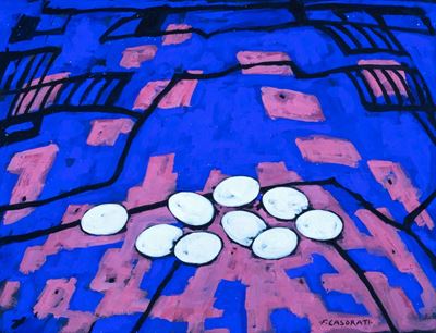 Uova sul paesaggio, tempera su cartoncino, 1959
