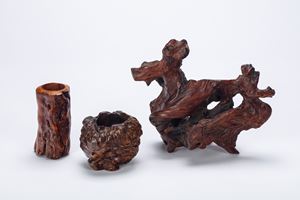 A Scholars' Rock root and two Bitongs. China, Qing dynasty (1644-1912)