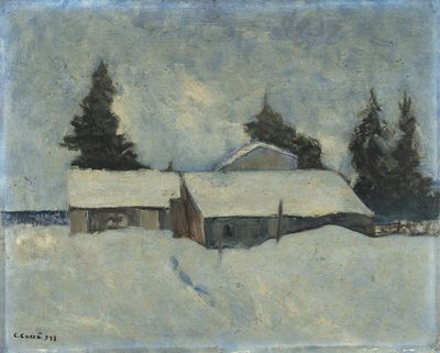 Paesaggio innevato, olio su tela applicata su panforte, 1938