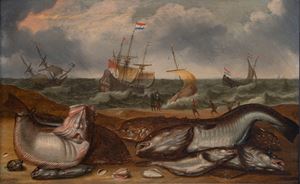 Seguace di Abraham Willaerts  - Natura morta di pesci con marina sullo sfondo