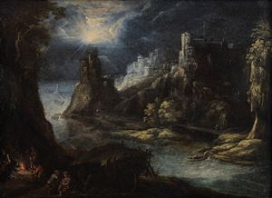 Moonlit river landscape with figures and fortress in the distance