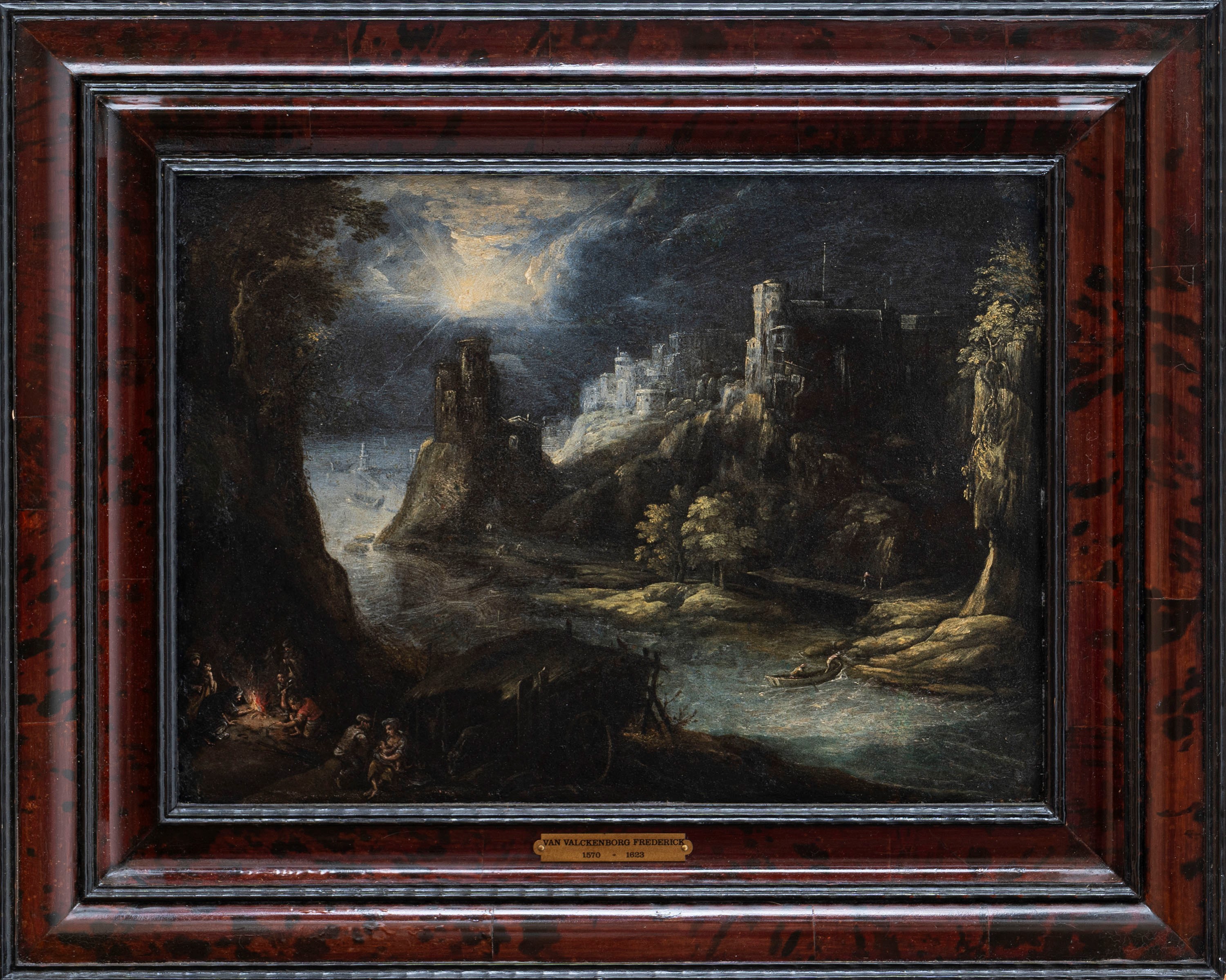 Paesaggio fluviale al chiaro di luna con figure e fortezza in lontananza