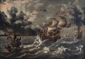 Stormy sea with sailing ships