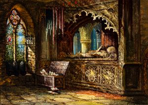 Interior of a Gothic crypt with tomb and body of a warrior. English school, 19th century