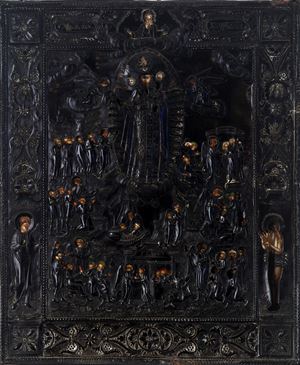 Icona raffigurante Madre di Dio gioia di tutti gli afflitti, tavola a tempera e fondo oro con riza in argento. Russia, prima metà secolo XIX