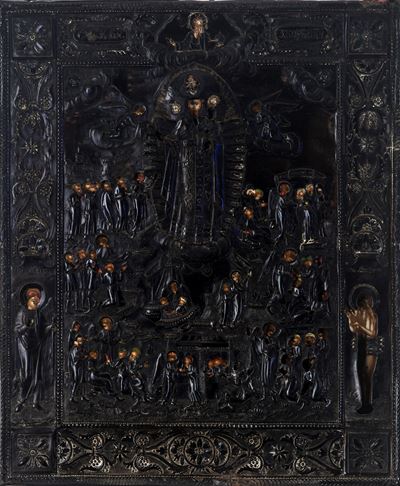 Icona Raffigurante Madre di Dio Gioia di Tutti gli Afflitti, Tavola a Tempera e Fondo Oro con Riz...