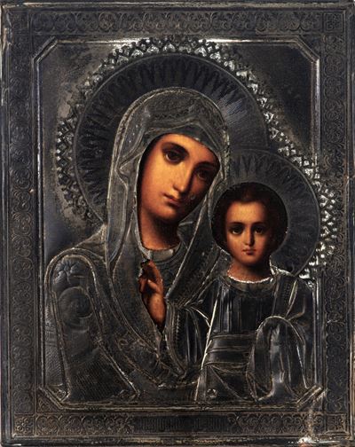 Icona Raffigurante Madonna di Kazan, Tempera su Tavola con Riza in Argento. Russia, Inizio Secolo...