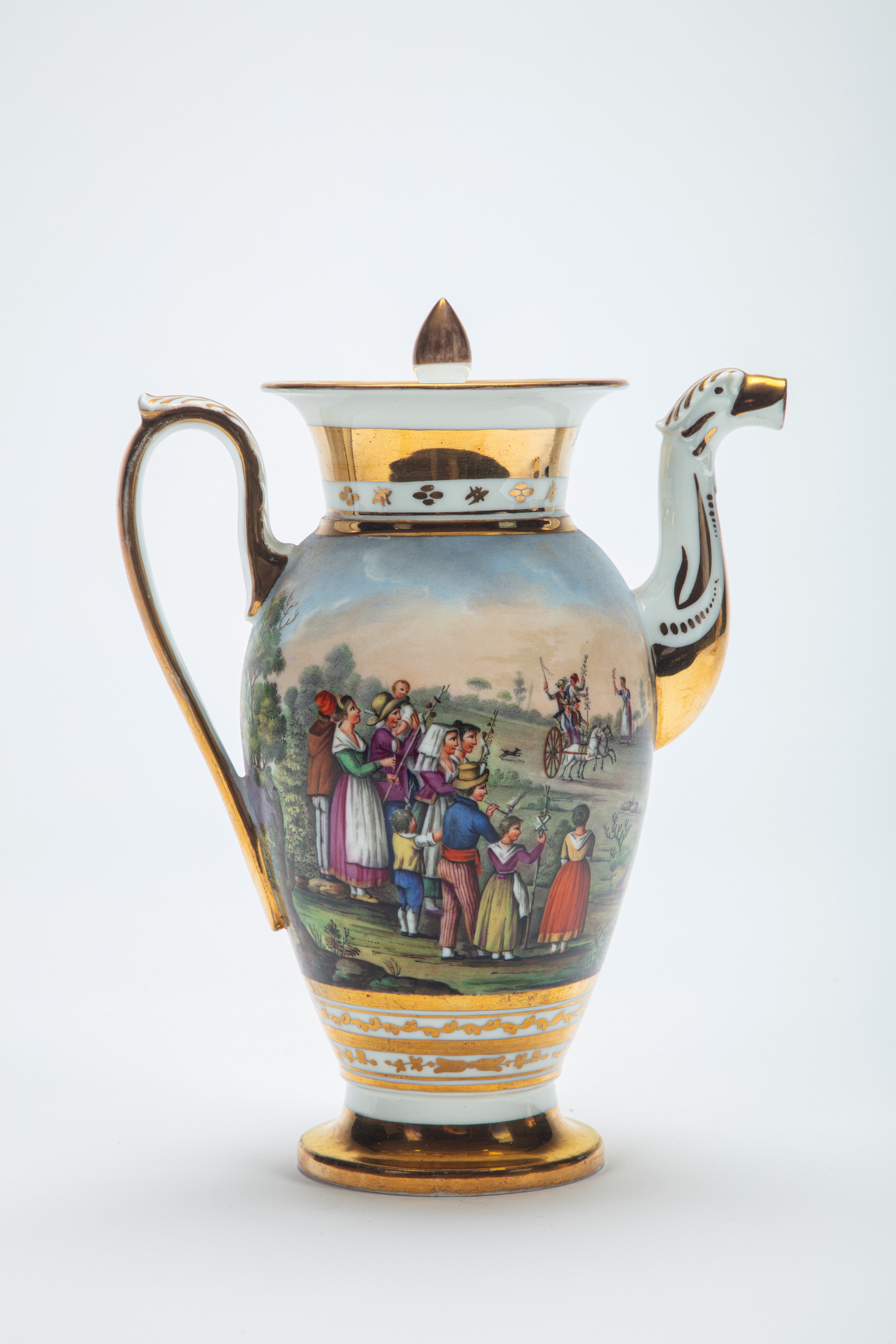 Importante Caffettiera con Coperchio in Porcellana Francese Decorata a Napoli, 1830 Circa